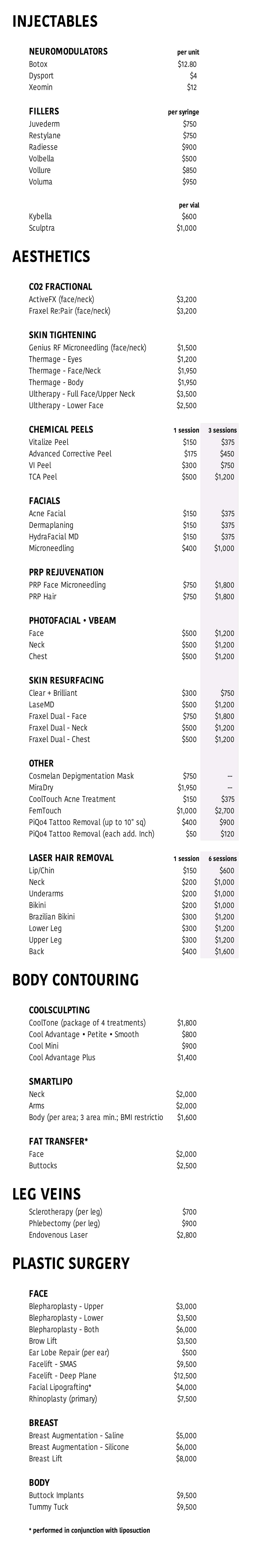 Westlake Dermatology Procedure Pricing Guide 2020