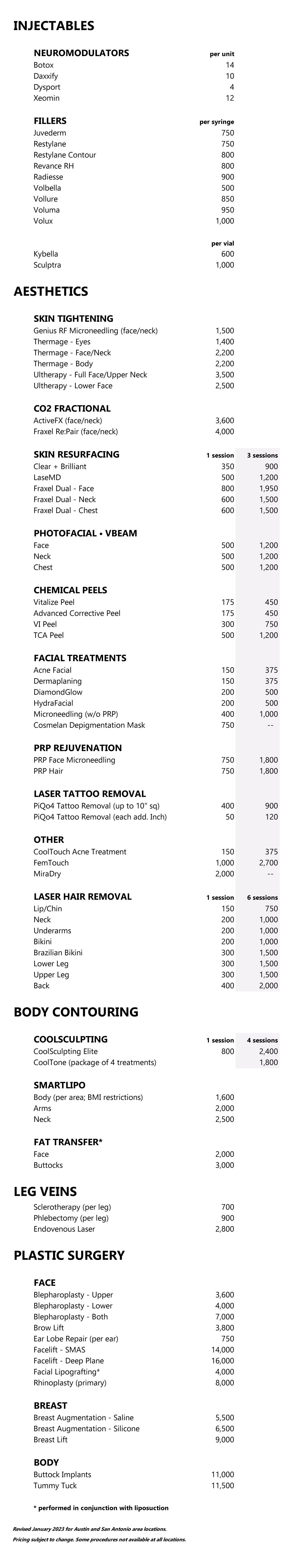 Westlake Dermatology Procedure Pricing Guide 2022