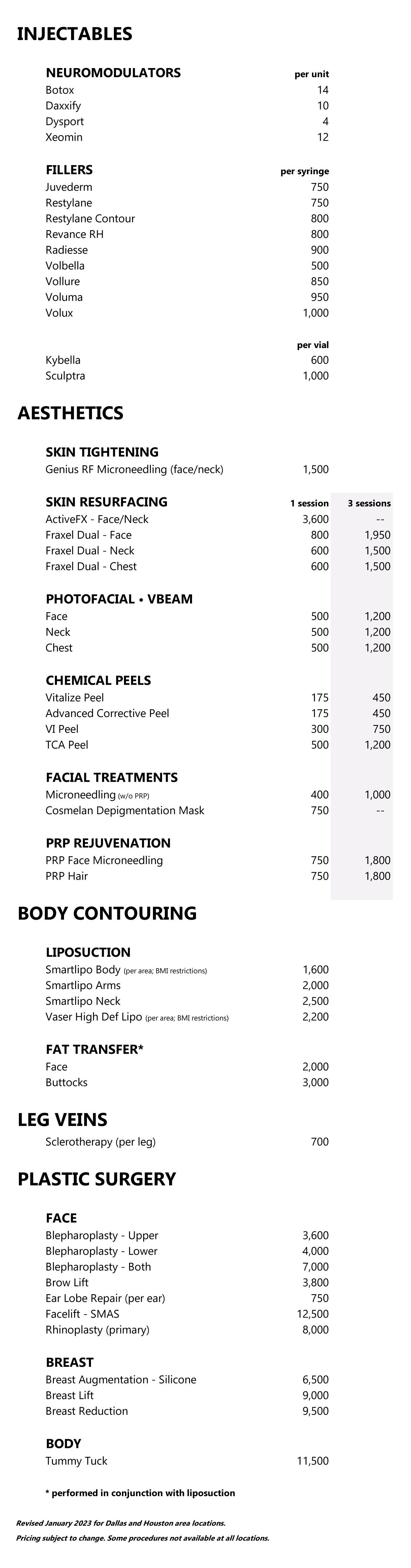Westlake Dermatology Procedure Pricing Guide 2022
