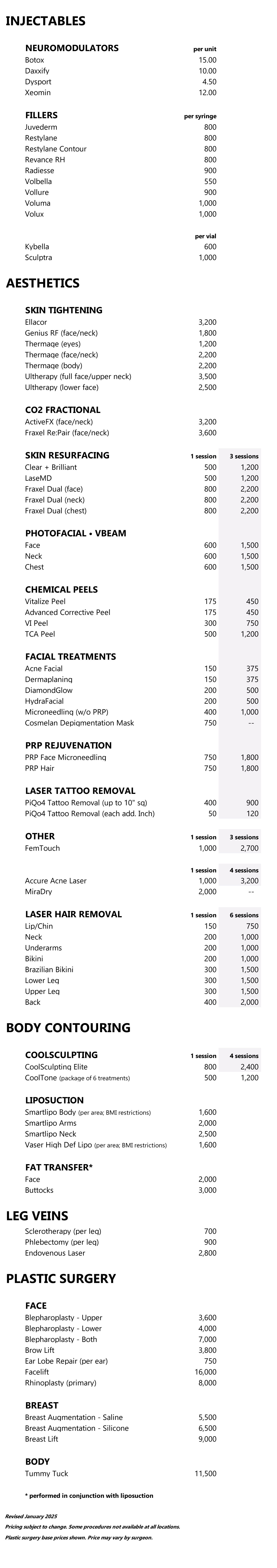 procedure pricing list