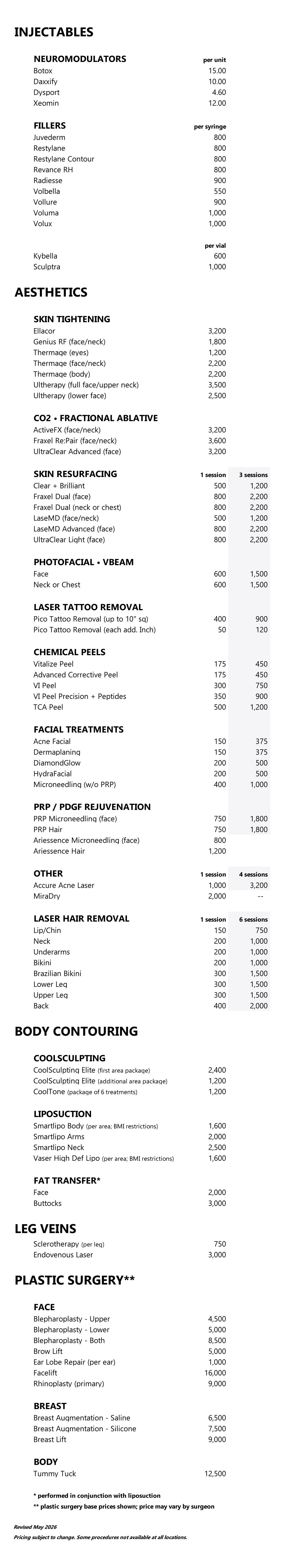 procedure pricing list