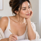 thumbnail model woman taking glass skin audit while looking in mirror