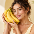 thumbnail woman holding a bunch of ripe bananas near her face